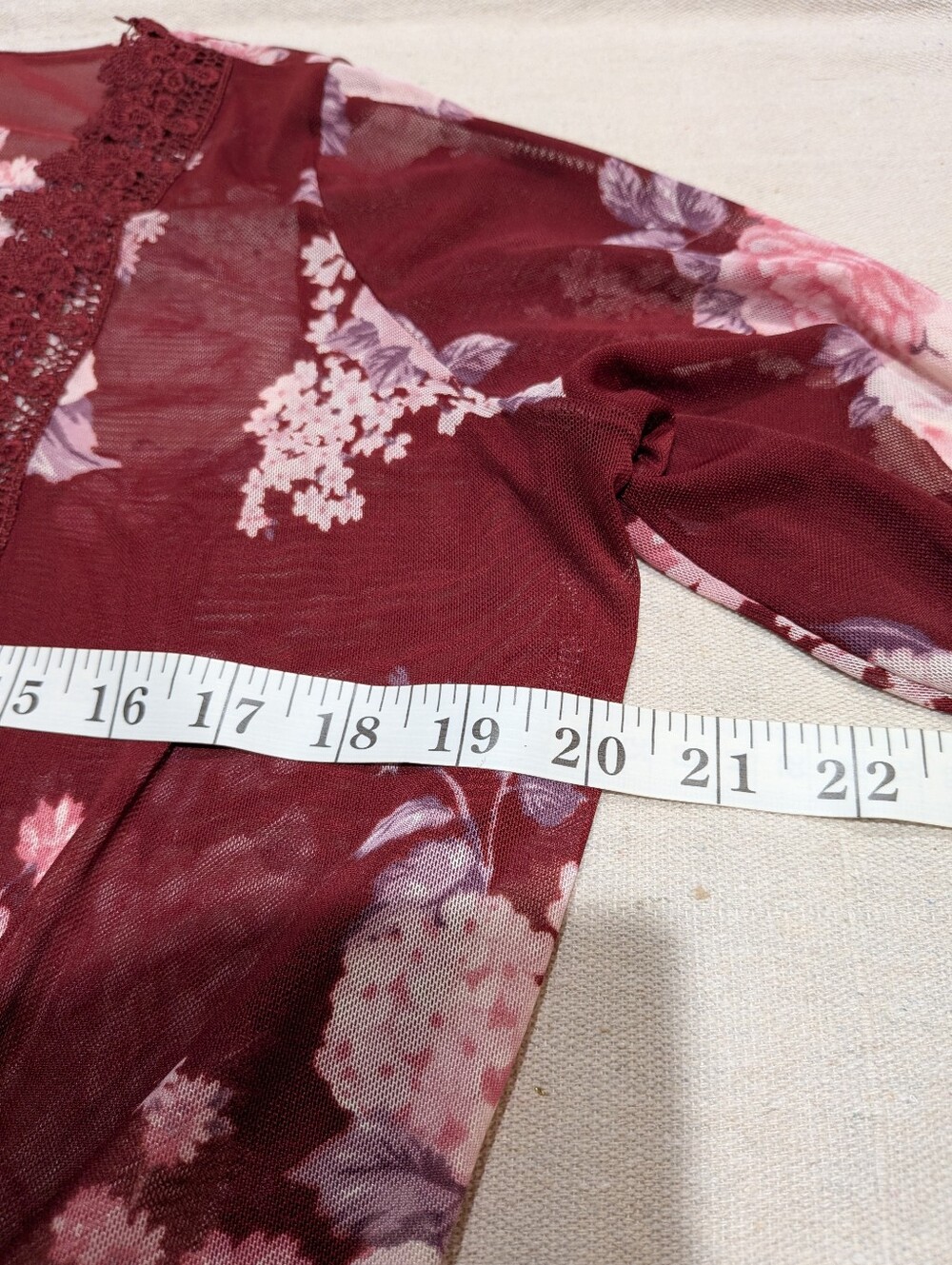 Floral Lace Trim Burgundy Sheer Kimono - Picture 5 of 6